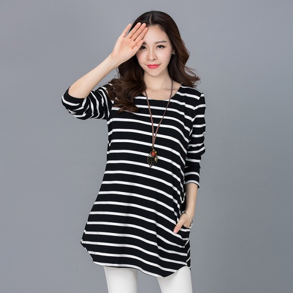 2017 Spring Korean Style Women Clothing Casual Loose Long sleeve Striped Pockets Plus size Thick Basic Long Tee T-shirt Tops