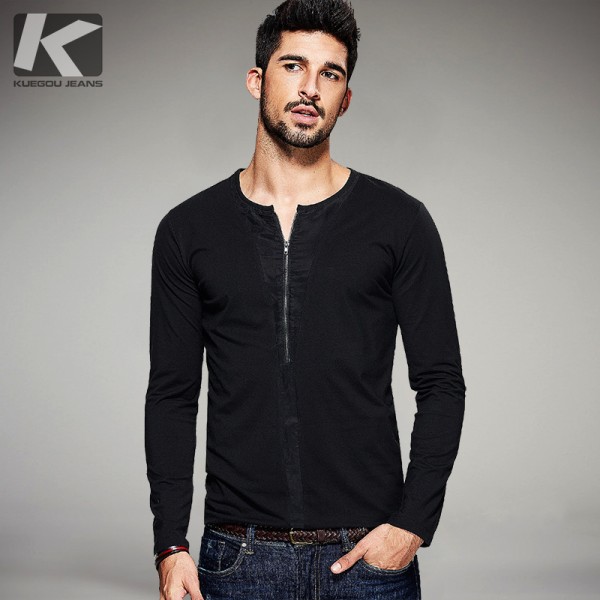 2017 Spring Mens Casual T Shirts Zipper Patchwork Black Solid Brand Clothing Long Sleeve Man's Slim T-Shirts Clothes Tops Tees