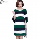 2017 Spring New Arrival Fashion Women Dress Flare Sleeve Green Stripe Ladies Dress Casual Loose Style XL- 5XL Plus Size Clothing