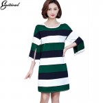 2017 Spring New Arrival Fashion Women Dress Flare Sleeve Green Stripe Ladies Dress Casual Loose Style XL- 5XL Plus Size Clothing