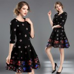 2017 Spring New Designer Dress Women's High Quality Charming Vintage Embroidery Flower Printed Half Sleeve Plus Size Puff Dress