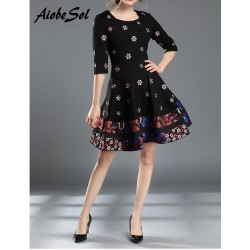 2017 Spring New Designer Dress Women's High Quality Charming Vintage Embroidery Flower Printed Half Sleeve Plus Size Puff Dress