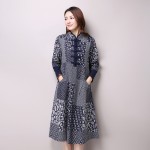 2017 Spring New Women Fashion Folk Style Long-sleeved Stand Collar Cotton and Linen Printed Dress Vintage Dress Vestidos 9831#