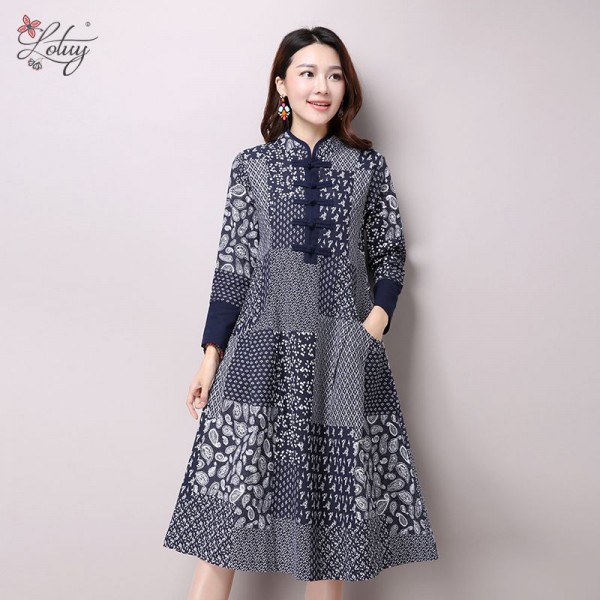 2017 Spring New Women Fashion Folk Style Long-sleeved Stand Collar Cotton and Linen Printed Dress Vintage Dress Vestidos 9831#