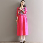 2017 Spring Summer Dress Women Vintage Embroidered Flower Half Sleeved Linen Robe Dress Vestidos Casual Loose Plus Size Dresses