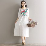 2017 Spring Summer Dress Women Vintage Embroidered Flower Half Sleeved Linen Robe Dress Vestidos Casual Loose Plus Size Dresses