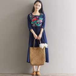 2017 Spring Summer Dress Women Vintage Embroidered Flower Half Sleeved Linen Robe Dress Vestidos Casual Loose Plus Size Dresses