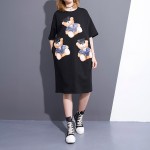 2017 Spring Summer Fashion New Black Bear Printing O Neck Dress Korean Loose Pocket Dresses Big Size Woman T38601