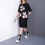 2017 Spring Summer Fashion New Black Bear Printing O Neck Dress Korean Loose Pocket Dresses Big Size Woman T38601