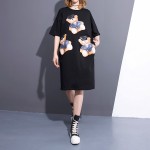 2017 Spring Summer Fashion New Black Bear Printing O Neck Dress Korean Loose Pocket Dresses Big Size Woman T38601