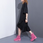 2017 Spring Summer Fashion New Black Grey Solid Color O Neck Dress Loose Cascading Ruffles Dresses Big Size Woman T37201