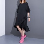 2017 Spring Summer Fashion New Black Grey Solid Color O Neck Dress Loose Cascading Ruffles Dresses Big Size Woman T37201