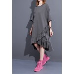 2017 Spring Summer Fashion New Black Grey Solid Color O Neck Dress Loose Cascading Ruffles Dresses Big Size Woman T37201