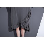 2017 Spring Summer Fashion New Black Grey Solid Color O Neck Dress Loose Cascading Ruffles Dresses Big Size Woman T37201