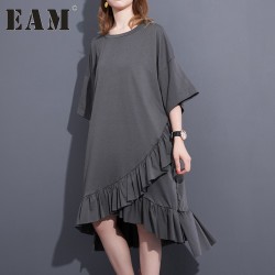 2017 Spring Summer Fashion New Black Grey Solid Color O Neck Dress Loose Cascading Ruffles Dresses Big Size Woman T37201