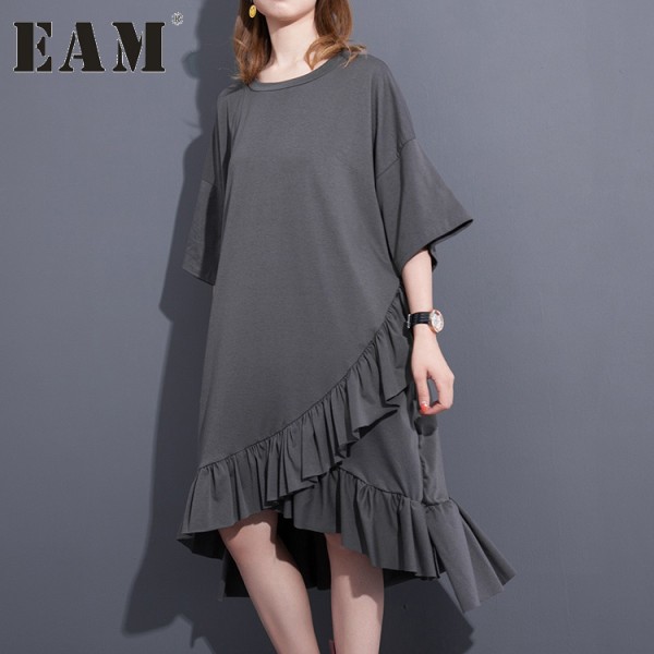 2017 Spring Summer Fashion New Black Grey Solid Color O Neck Dress Loose Cascading Ruffles Dresses Big Size Woman T37201