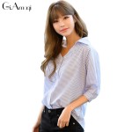 2017 Spring Summer New Korean Straight Loose Thin Sleeves Striped Shirt V-neck Tops Women Fall Blouse Shirt Casual Blusas