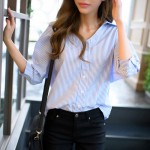 2017 Spring Summer New Korean Straight Loose Thin Sleeves Striped Shirt V-neck Tops Women Fall Blouse Shirt Casual Blusas