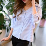 2017 Spring Summer New Korean Straight Loose Thin Sleeves Striped Shirt V-neck Tops Women Fall Blouse Shirt Casual Blusas