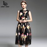 2017 Spring Summer New Runway Designer Dress Women's Sleeveless Vest Crystal Button Black Vintage Ice Cream Print Dress