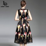 2017 Spring Summer New Runway Designer Dress Women's Sleeveless Vest Crystal Button Black Vintage Ice Cream Print Dress
