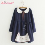 2017 Spring Women Dress Japanese Style Mori Girl Sweet Pink Bow Lacing Doll Collar Cat Embroidery Long Sleeve Cute Casual Dress 