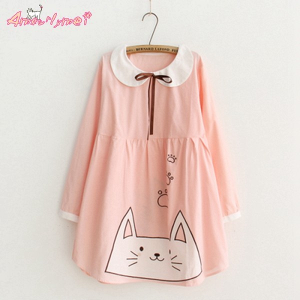 2017 Spring Women Dress Japanese Style Mori Girl Sweet Pink Bow Lacing Doll Collar Cat Embroidery Long Sleeve Cute Casual Dress 