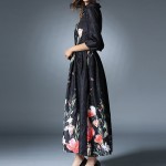 2017 Spring Women Jacquard Black Floral Print Long Dress Half Sleeve Swing Turn-Down Collar Elegant Midi Dress British Style