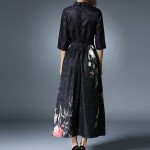 2017 Spring Women Jacquard Black Floral Print Long Dress Half Sleeve Swing Turn-Down Collar Elegant Midi Dress British Style