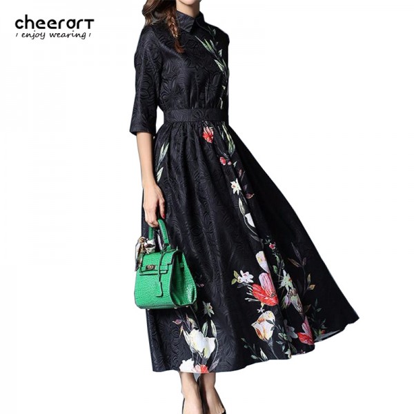 2017 Spring Women Jacquard Black Floral Print Long Dress Half Sleeve Swing Turn-Down Collar Elegant Midi Dress British Style