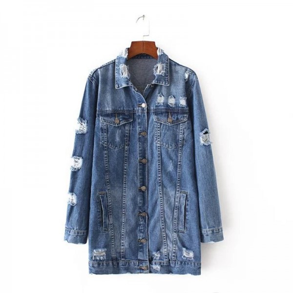 2017 Spring new arrival women outerwear denim jacket washing hole long sleeve fashion all-match women autumn base jacket coat