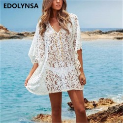 2017 Summer Beach Dress Lace Tunic Bathing Suit Crochet Pareo Beachwear Fashion Low Neckline Sexy Swimsuit #Q11