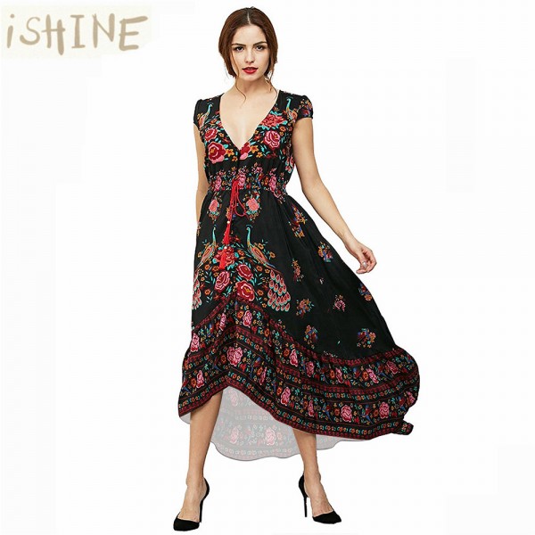 2017 Summer Boho hippie Dress Ethnic Sexy Print Retro Vintage Dress Tassel Beach Dress Bohemian Hippie Dress Robe Vestidos Mujer