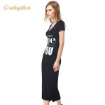 2017 Summer Dress Lettter Print Deep V-Neck Long Maxi Dress Short Sleeve T Shirt Women Cotton Casual Women Black Dress S15193