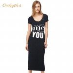 2017 Summer Dress Lettter Print Deep V-Neck Long Maxi Dress Short Sleeve T Shirt Women Cotton Casual Women Black Dress S15193