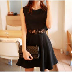 2017 Summer Dress Sexy Lace Patchwork Fake Two Piece High Waist Pleated Dress Black White Short Dress vestidos de festa D129