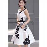 2017 Summer Dress Women Fashion O-Neck Sleeveless Ink Floral Print Slim Dresses Lady Elegant Plus Size Office Party Short Dress