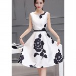 2017 Summer Dress Women Fashion O-Neck Sleeveless Ink Floral Print Slim Dresses Lady Elegant Plus Size Office Party Short Dress