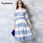 2017 Summer European Runway Fashion Half Sleeve Midi Swing Dresses Women Slim Brief Prints Lace Beach Party Plus size Vestido XL