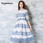 2017 Summer European Runway Fashion Half Sleeve Midi Swing Dresses Women Slim Brief Prints Lace Beach Party Plus size Vestido XL