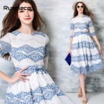 2017 Summer European Runway Fashion Half Sleeve Midi Swing Dresses Women Slim Brief Prints Lace Beach Party Plus size Vestido XL
