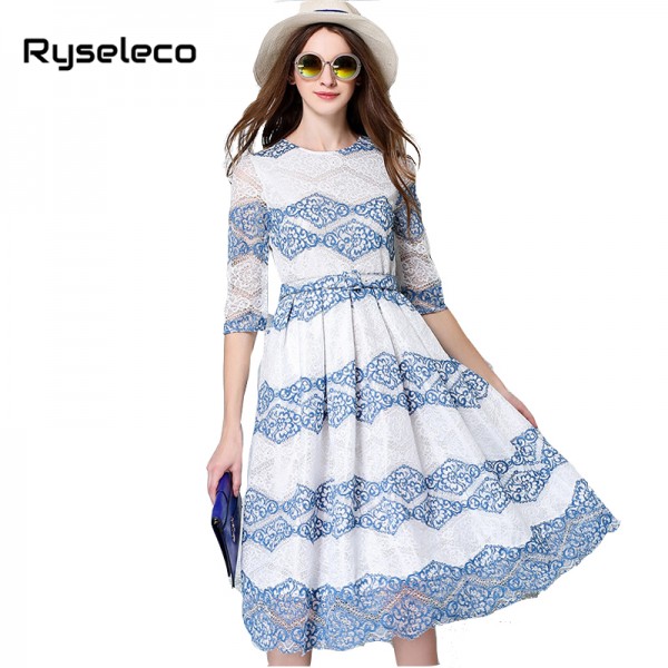 2017 Summer European Runway Fashion Half Sleeve Midi Swing Dresses Women Slim Brief Prints Lace Beach Party Plus size Vestido XL