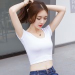 2017 Summer New Women T Shirt Korean Style Solid Color Cotton Slim Crop Tops Short Sleeve T-shirt Women Tee Tops Female