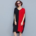 2017 Summer Plus size Women Clothing Fashion Loose Casual Straight V neck Batwing sleeve Patchwork Big size Chiffon Dresses