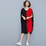 2017 Summer Plus size Women Clothing Fashion Loose Casual Straight V neck Batwing sleeve Patchwork Big size Chiffon Dresses