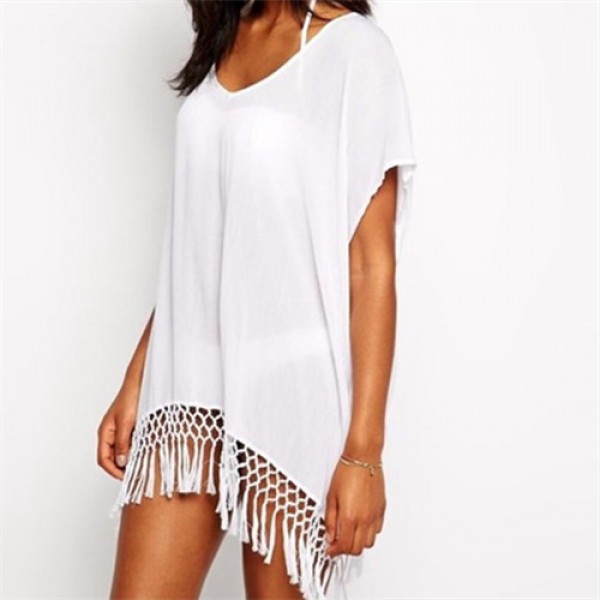 2017 Summer Sexy Beach Dress With Tassels Pareo Beachwear Tunic White Chiffon Sarong Swimsuit Dress Swimwear