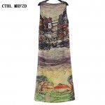 2017 Summer Style Vintage Houses Print Long Dress Fake Silk Chiffon Side Split Sleeveless Retro Bohemia Full Beach Dress