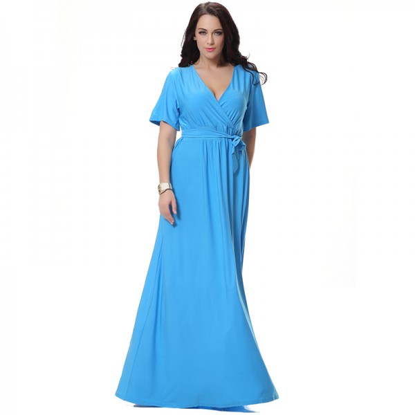 2017 Summer Women Blue Dress V Neck Short Sleeve Plus Size 6XL Robe Femme Longue Ropa Mujer Elegant Club Party Dress with Sash