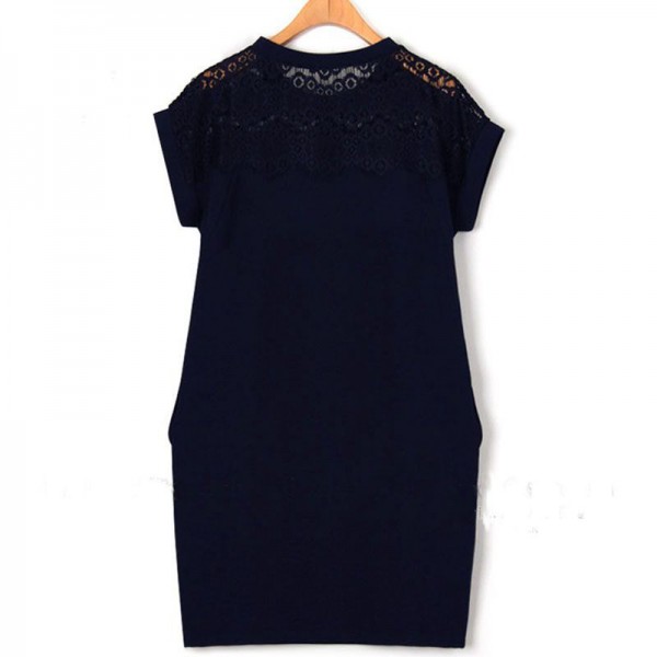 2017 Summer Women Fashion Straight Lace Shoulder Short Sleeve Black White Navy Big size Office Dress