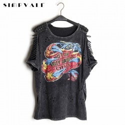 2017 Summer Women Punk Rock T-shirt Graffiti Print Vintage Hollow Out Batwing Sleeve Washed Tees Hip Hop Plus Size Tops